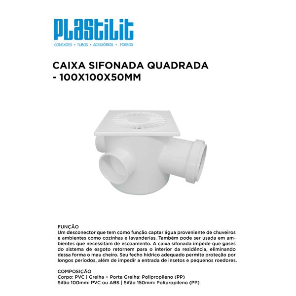 CAIXA SIFONADA QUADRADA BRANCO 100X100X50 PLASTILIT