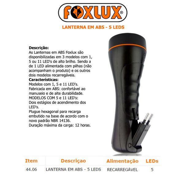 LANTERNA DE PVC 5 LEDS - RECARREGAVEL FOXLUX