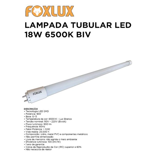 LAMPADA TUBULAR LED 18W 1.800LM T8 - 6.000K - BIV FOXLUX