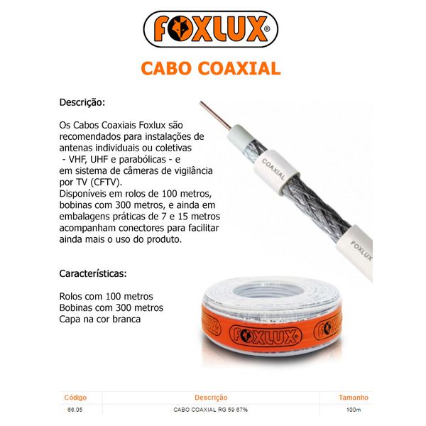 CABO COAXIAL RG59 67% 100MT FOXLUX