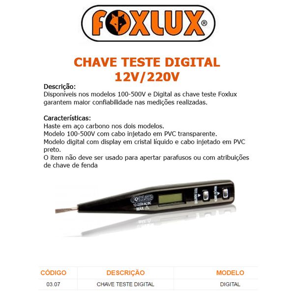 CHAVE TESTE DIGITAL 12V A 220V FOXLUX