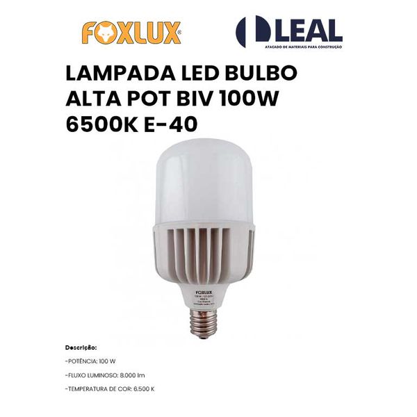 LÂMPADA LED A80 ALTA POTÊNCIA BIVOLT 100W 6500K E40 FOXLUX