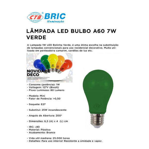 LAMPADA LED BULBO A60 7W BIVOLT VERDE CTB