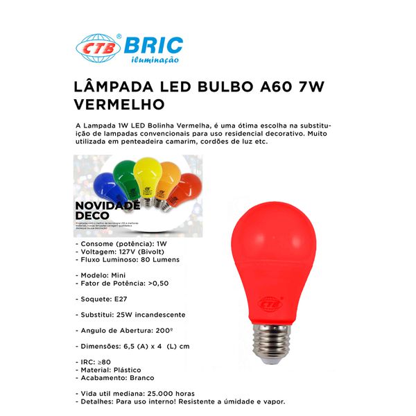 LAMPADA LED BULBO A60 7W BIVOLT VERMELHA CTB