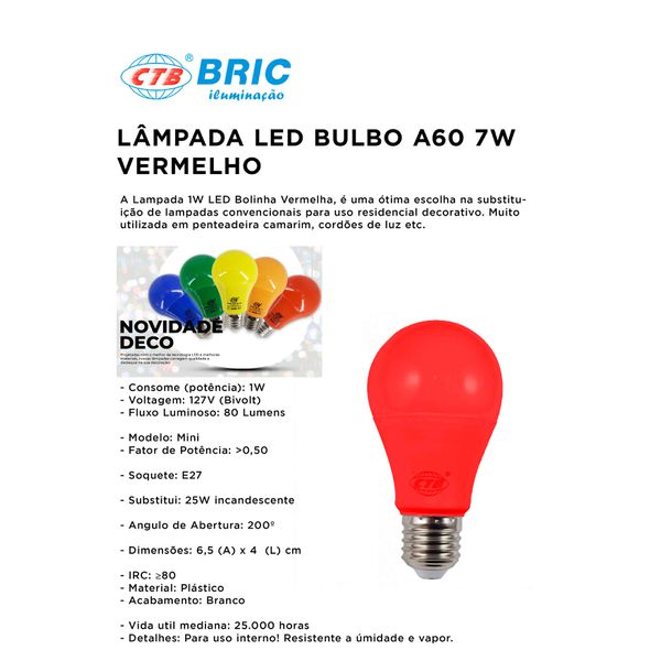 LAMPADA LED BULBO A60 7W BIVOLT VERMELHA CTB