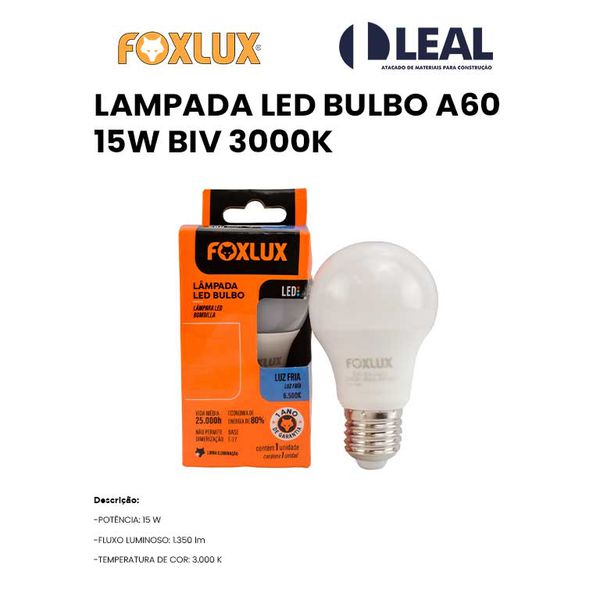 LAMPADA LED A60 15W BIV 6.500K FOXLUX