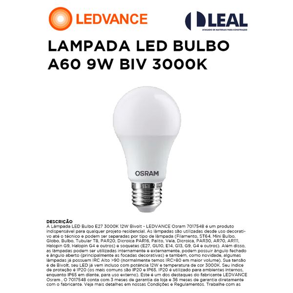 LAMPADA LED BULBO A60 9W BIV 3000K LEDVANCE