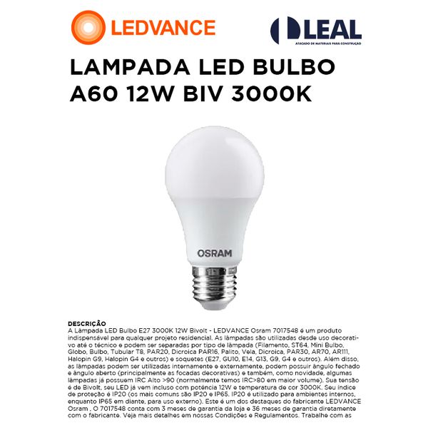 LAMPADA LED BULBO A60 12W BIV 3000K LEDVANCE