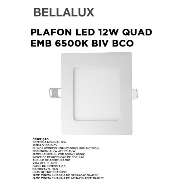 PLAFON LED 12W QUAD EMB 6500K BIV BCO BELLALUX