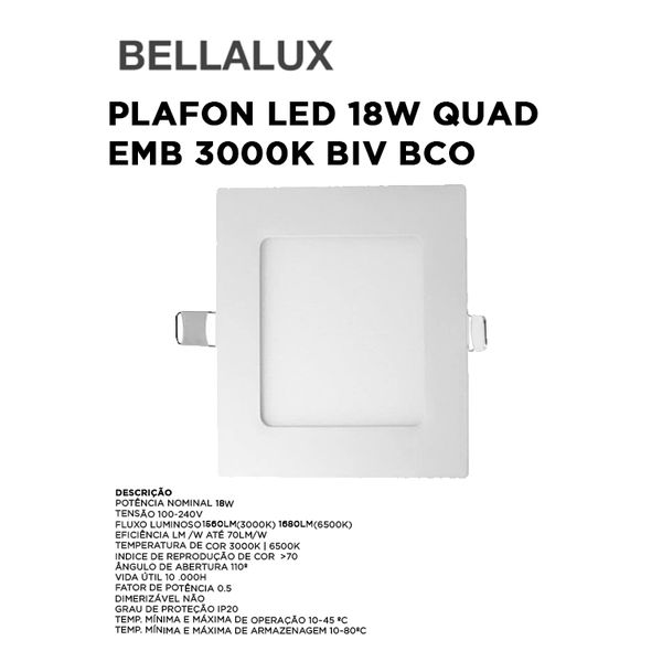 PLAFON LED 18W QUAD EMB 3000K BIV BCO BELLALUX