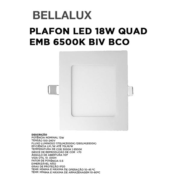 PLAFON LED 18W QUAD EMB 6500K BIV BCO BELLALUX