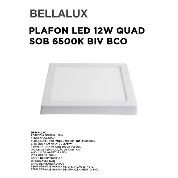PLAFON LED 12W QUAD SOB 6500K BIV BCO BELLALUX