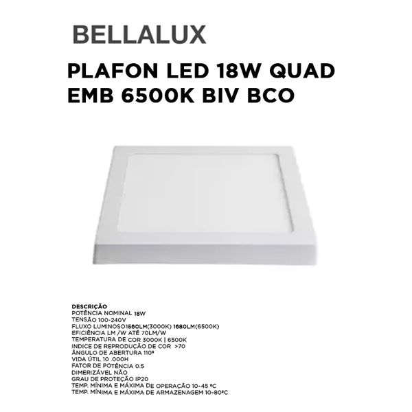 PLAFON LED 18W QUADRADO SOBREPOR 6500K BIVOLT BRANCO BELLALUX