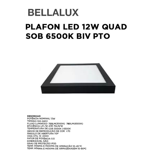 PLAFON LED 12W QUAD SOB 6500K BIV PTO BELLALUX