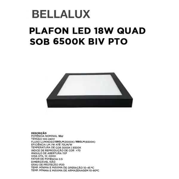 PLAFON LED 18W QUADRADO SOBREPOR 6500K BIVOLT PRETO BELLALUX