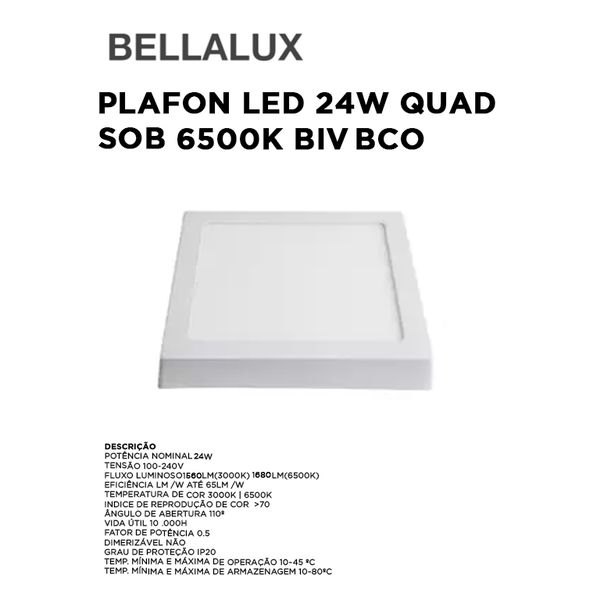 PLAFON LED 24W QUAD SOB 6500K BIV BCO BELLALUX