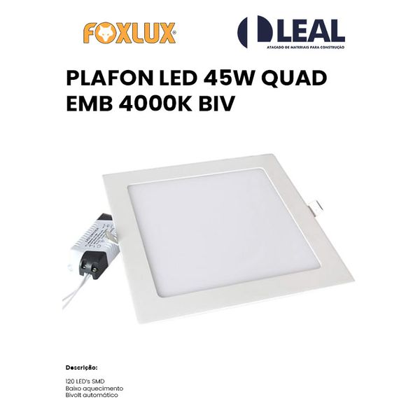 PLAFON LED 45W QUADRADO DE EMBUTIR 4000K BIVOLT FOXLUX