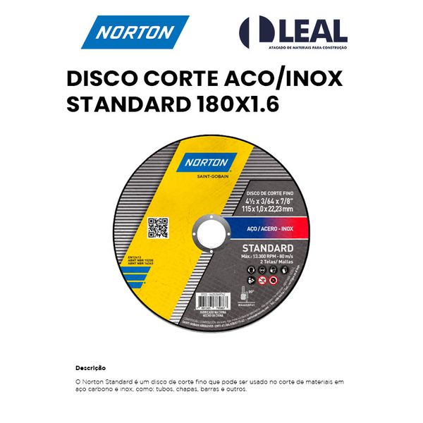 DISCO CORTE AÇO/INOX STANDARD 180X1.6 NORTON
