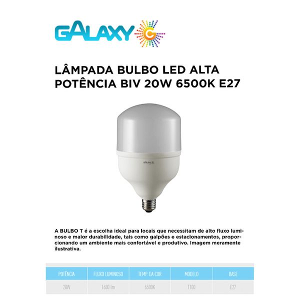 LAMPADA 20W 6500K BIVOLT E27 LED ALTA POTENCIA GALAXY 4200A