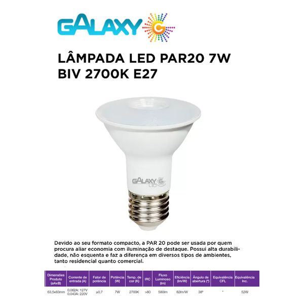 Lâmpada LED Par20 7w Bivolt E27 Branco Quente 2700K - Galaxy