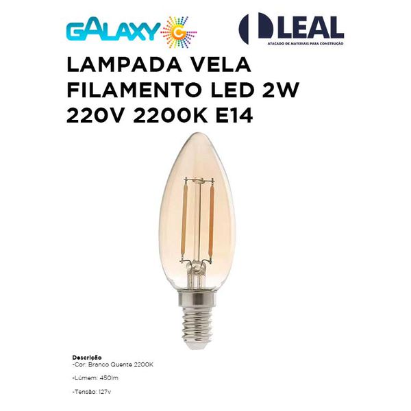 Lampada Vela Filamento Led 2W 220V 2200K E14 GALAXY