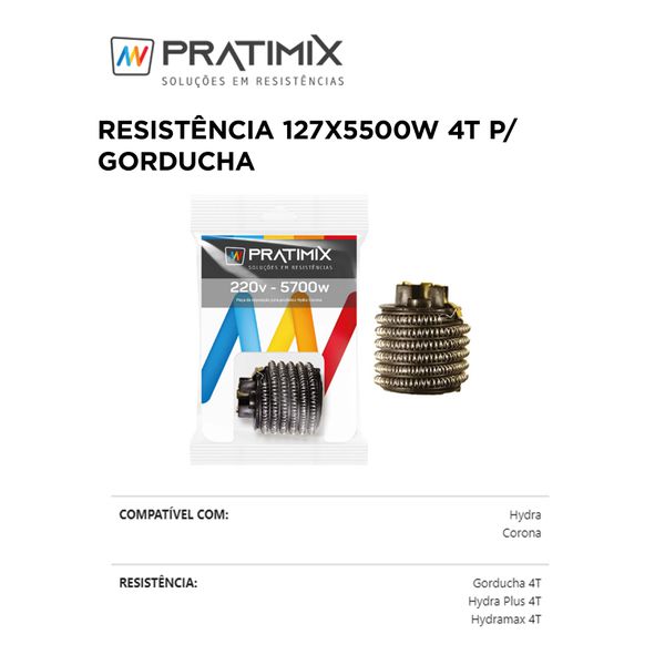 RESISTÊNCIA 127X5500W 4 TEMPERATURAS PARA GORDUCHA PRATIMIX