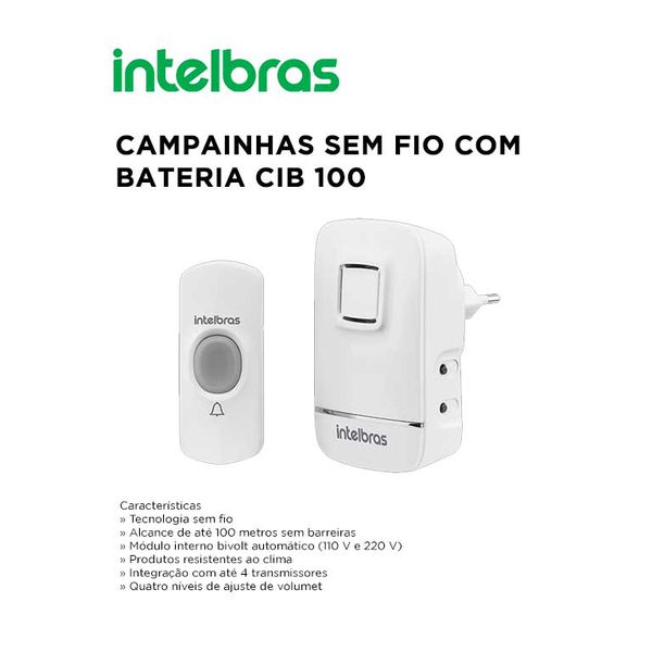 CAMPAINHA SEM FIO COM BATERIA CIB 101 INTELBRAS