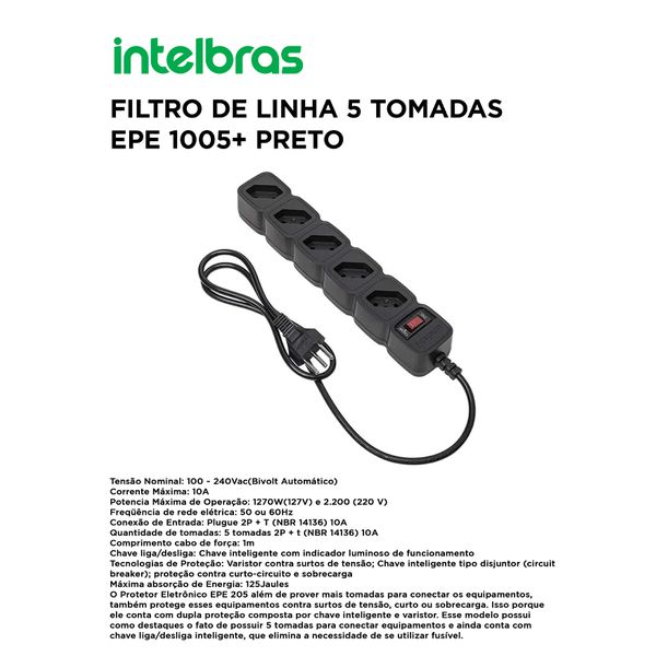 FILTRO DE LINHA 5 TOMADAS PRETO EPE1005+ INTELBRAS