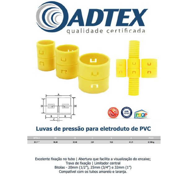 LUVA DE PRESSÃO DE PVC 32MM AMARELA (EMENDA PARA CORRUGADO) ADTEX