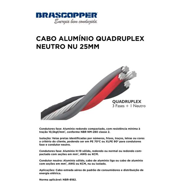 CABO ALUMINIO QUADRUPLEX PRETOO/CINZA/VERMELHO+ NEUTRO NU 25MM