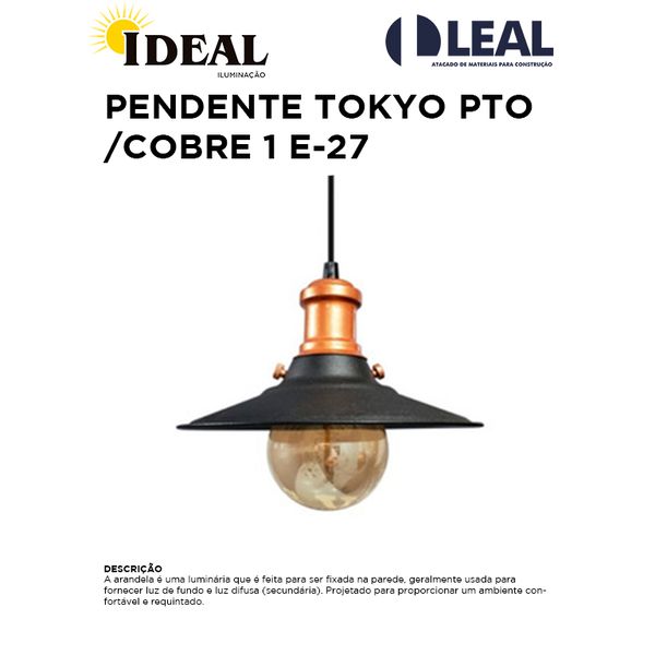 PENDENTE TOKYO PRETO/COBRE 1 E-27 IDEAL