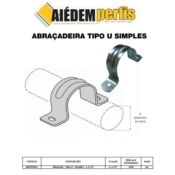 ABRAÇADEIRA TIPO U SIMPLES 1.1/4 PACOTE 100 - AIEDEM
