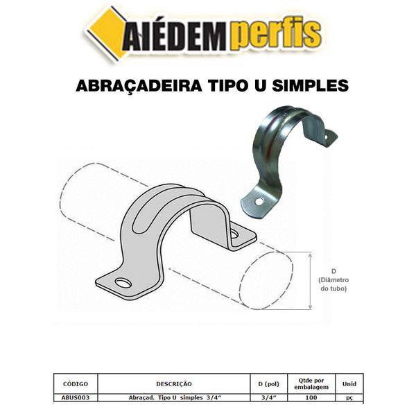 ABRAÇADEIRA TIPO U SIMPLES 3/4 PACOTE 100 - AIEDEM