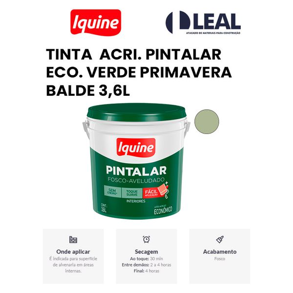 TINTA ACRÍLICA PINTALAR ECO. VERDE PRIMAVERA BALDE 3,6L IQUINE