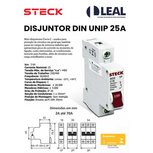 DISJUNTOR DIN UNIP 25A 3KA STECK