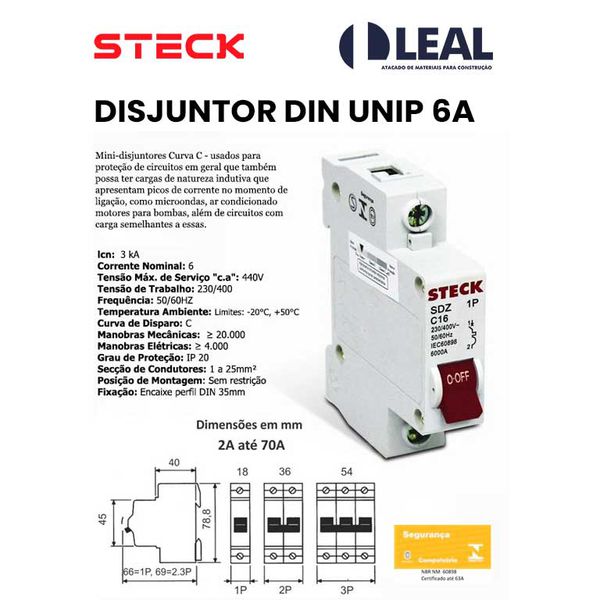 DISJUNTOR DIN UNIP 06A 3KA STECK