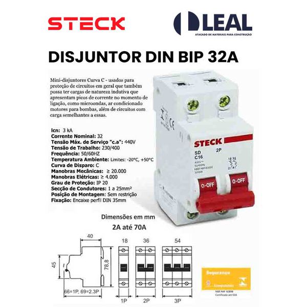 DISJUNTOR DIN BIPOLAR 32A 3KA