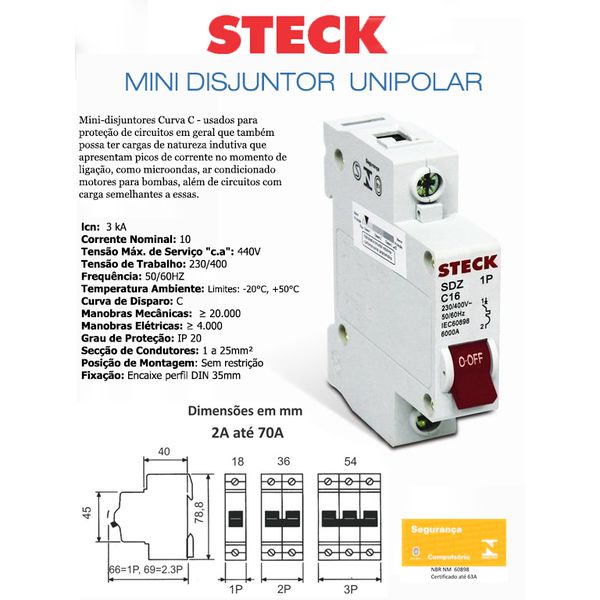 DISJUNTOR DIN UNIP 10A 3KA STECK