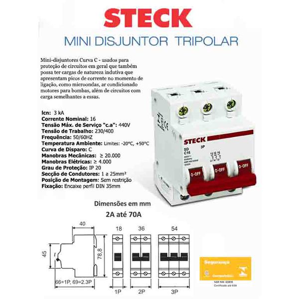 DISJUNTOR DIN TRIPOLAR 16A 3KA STECK