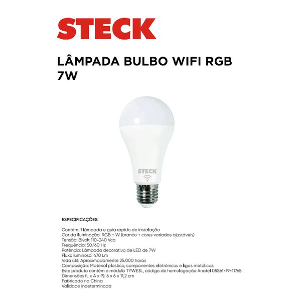 LAMPADA BULBO RGB WI-FI 7W STECK