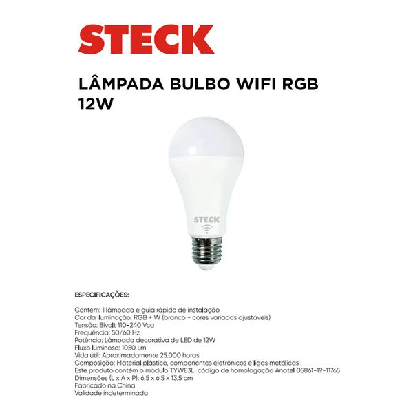 LAMPADA BULBO RGB WI-FI 12W STECK