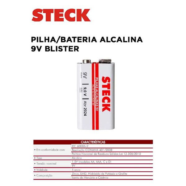 PILHA/BATERIA ALCALINA 9V BLISTER STECK