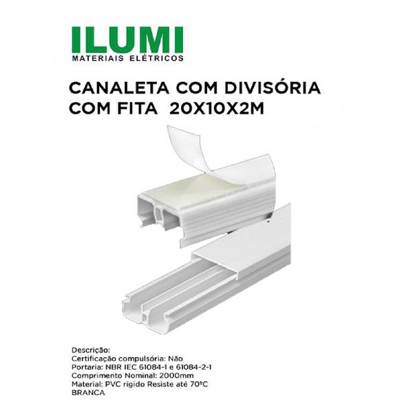 Canaleta com Divisória 20x10x2000mm com Dupla Face – Branca ILUMI