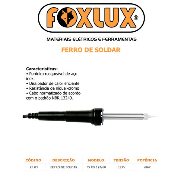 FERRO DE SOLDAR 60W 127V FOXLUX