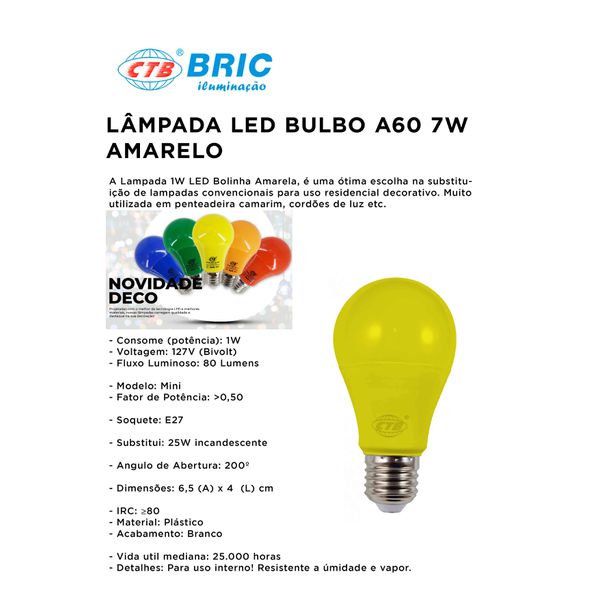 LAMPADA LED A60 BIVOLT X 7W AM CTB BULBO