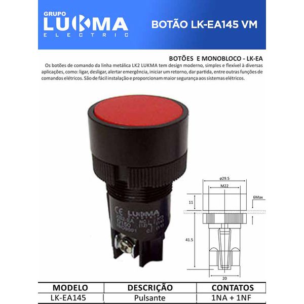 BOTÃO MONOBLOCO PULSANTE LK-EA145 VM 1NA+1NF 