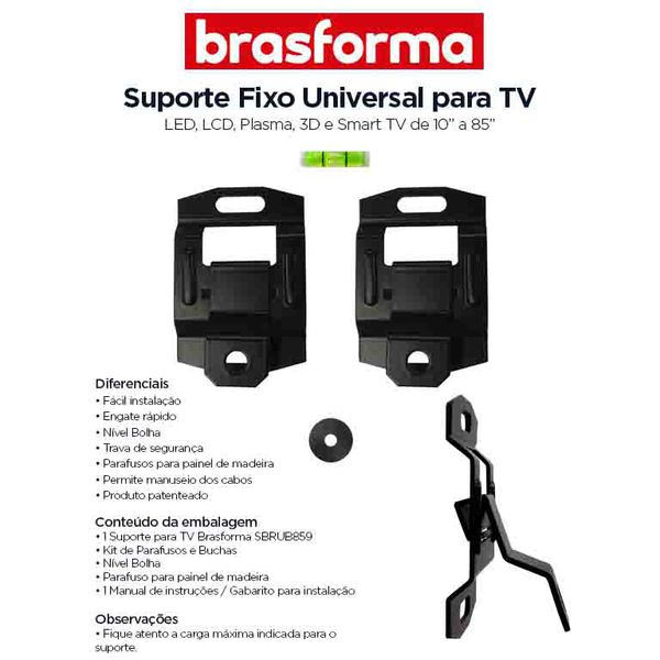 SUPORTE PARA TV UNIVERSAL FIXO PARA PAINEL MAD 10/85" BRASFORMA 
