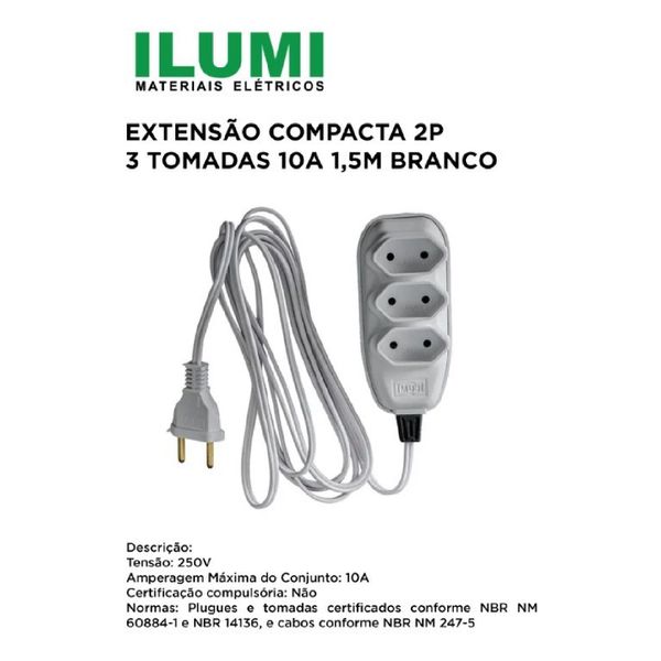 Extensão Compacta 2P+T com Cabo PP Chato 10A 250V 1,5m ILUMI