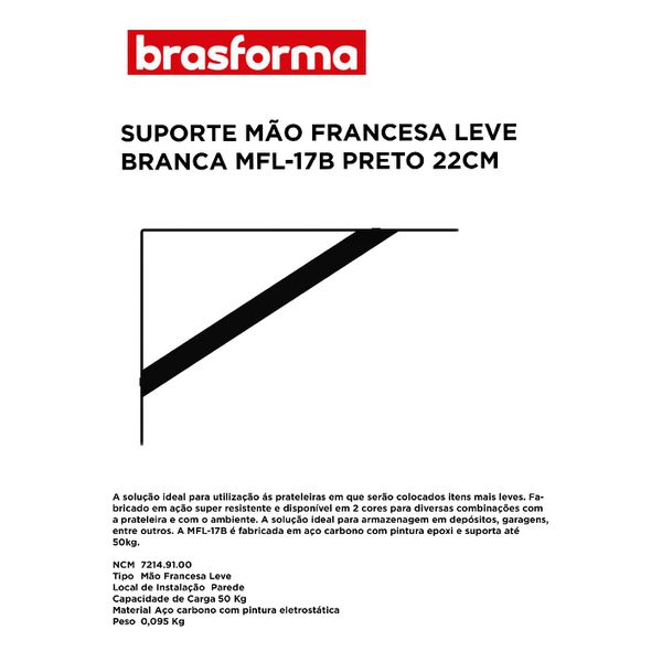 SUPORTE DE PRATELEIRA MÃO FRANCESA PRETO 22CM BRASFORMA MFL-22