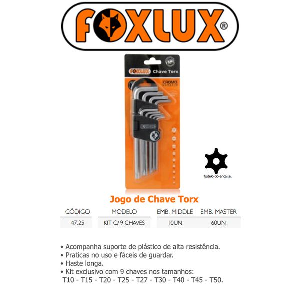 JOGO CHAVE TORX (10/15/20/25/27/30/40/45/50) - 9 PEÇAS FOXLUX 